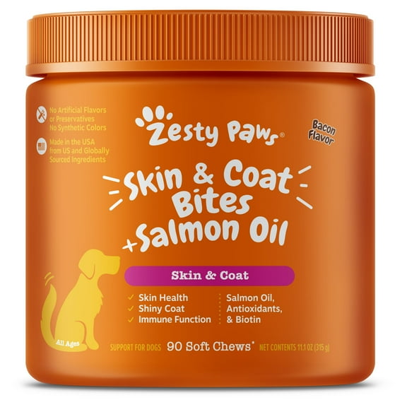 Zesty Paws Skin & Coat Bites   Salmon Oil for Dogs, Bacon Flavor, 90 Count Soft Chews