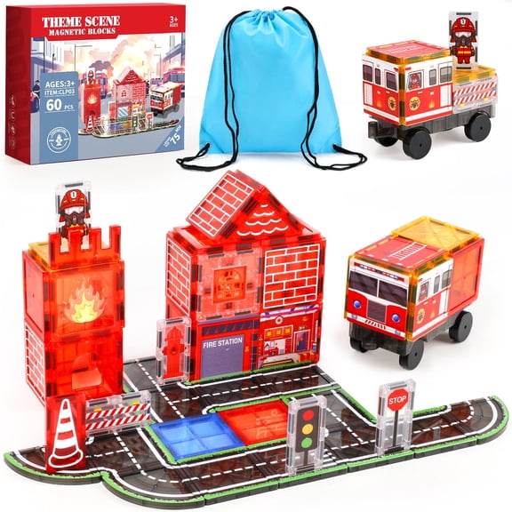 UQN Magnetic Tiles for Kids Ages 4-8, 60Pcs Magnetic Building Blocks, Construction Firetruck Toys Magnetic Tiles Road Set, Educational STEM Toys Christmas Birthday Gifts for Boys Girls Toddlers 3-5