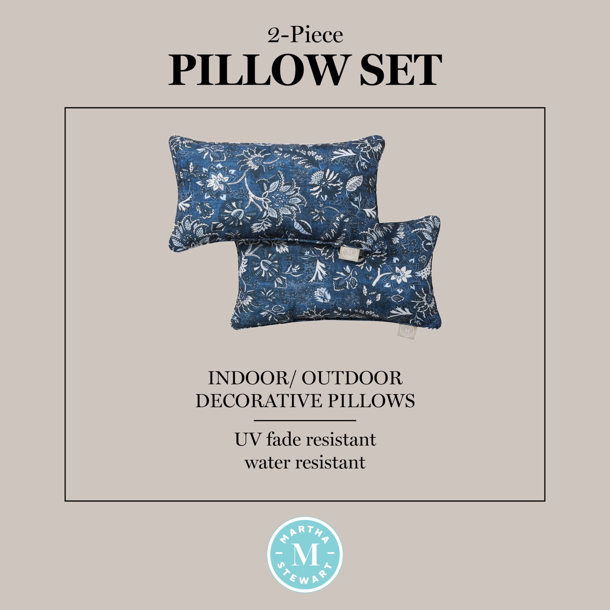 MARTHA STEWART Distressed Jacobean Indoor Outdoor Decorative Lumbar Pillow 2-Pack Set, UV Fade Resistant, Water Repellent, Printed Floral Design, Navy Blue, 11"x18"