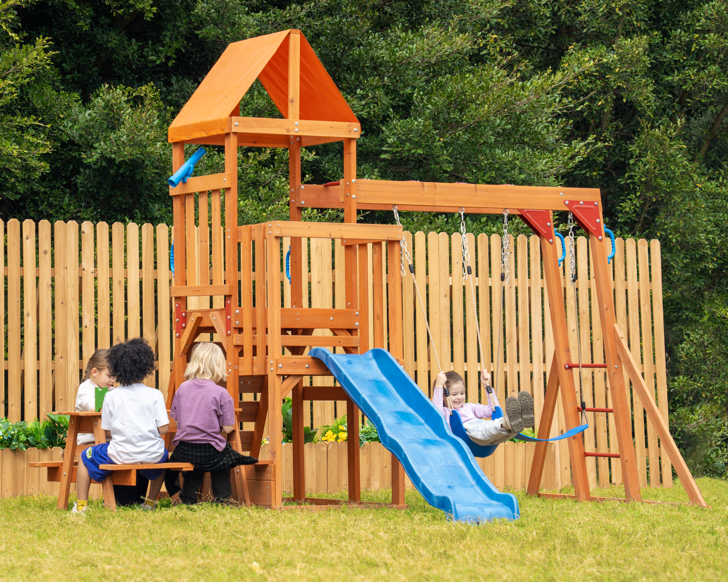 DOLPHIN PLAYGROUND Outdoor Wooden Playset with Monkey Bars, Wave Slide, Climbing Wall, Picnic/Sand Table