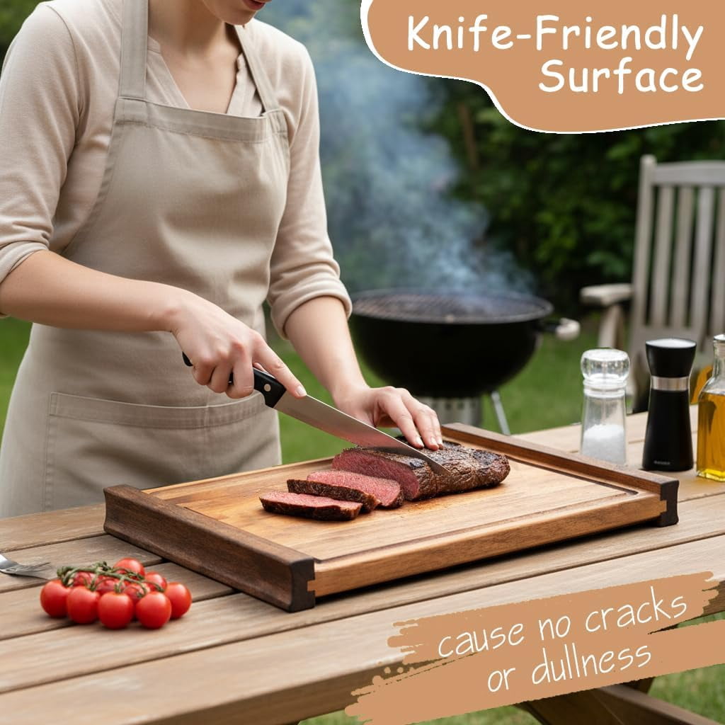 XILAZAB Acacia Wood Cutting & Charcuterie Board​ with Sapele Handles, Dual-Sided, Deep Recessed Well and Juice Grooves, 16.9 x 11.8 x 1.8 Inches, Kitchen Gift