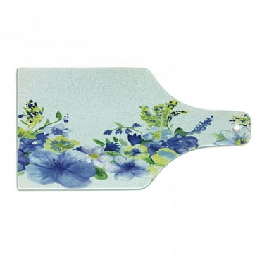 Watercolor Flower Cutting Board, Swirled Brushstroke Herbs Romantic Feminine Blooming Nature Art, Decorative Tempered Glass Cutting and Serving Board, Wine Bottle Shape, Blue Yellow, by Ambesonne