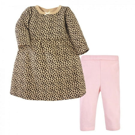 UPC: 0660168259834 | Hudson Baby Infant and Toddler Girl Quilted Cotton Long-Sleeve Dress and Leggings 2pc Set Leopard Pink 9-12 Months