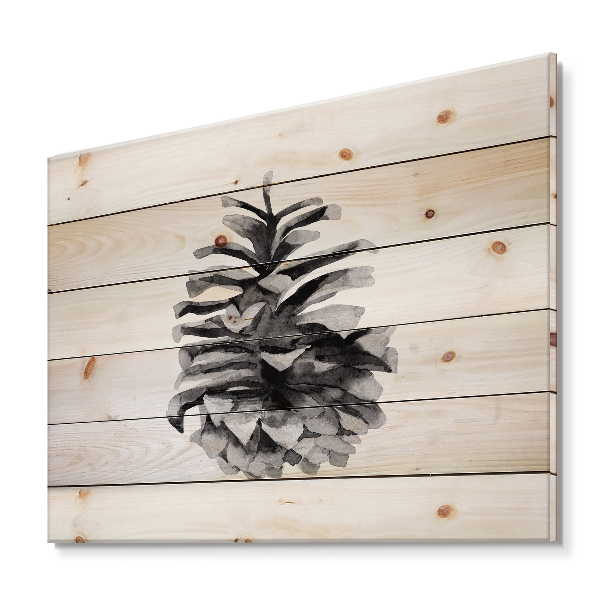 Designart 'Conifer Cone Black and White' Traditional Print on Natural Pine Wood