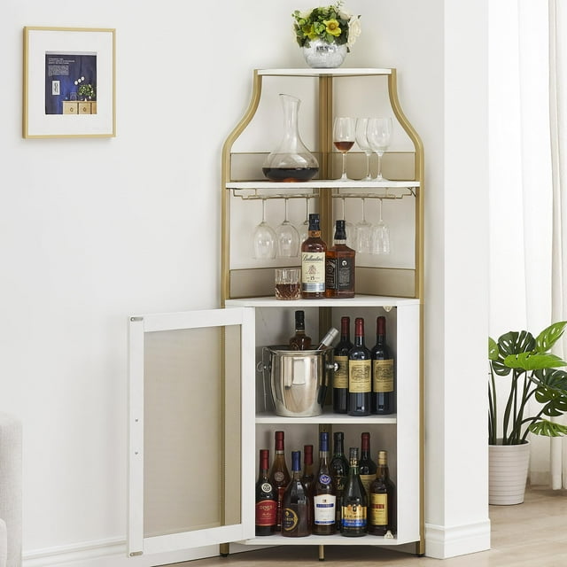 BeesClover Corner Wine Cabinet with Removable Wine Rack, Wine Bar Cabinet with Barn Door and Adjustable Shelves, Industrial Wine Cabinet for Dining Room, Living Room,Kitchen