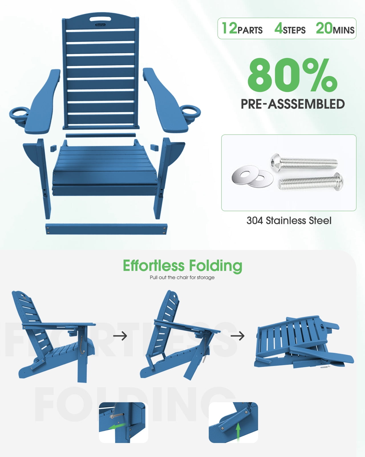 Folding Adirondack Chair Set of 2 Outdoor Fire Pit Chairs HDPE All-Weather with Cup Holder Patio Garden Navy