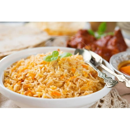 Biryani Rice or Briyani Rice, Fresh Cooked, Traditional Indian Food on Dining Table. Print Wall Art By