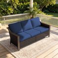 thumbnail image 2 of Joyside 75" Patio Metal Wicker Sofa, All-Weather Rattan Couch with Deep Seats, Washable Cushions & Steel Frame, 3-Seat Sofa for Garden, DarkBlue/Brown, 2 of 7