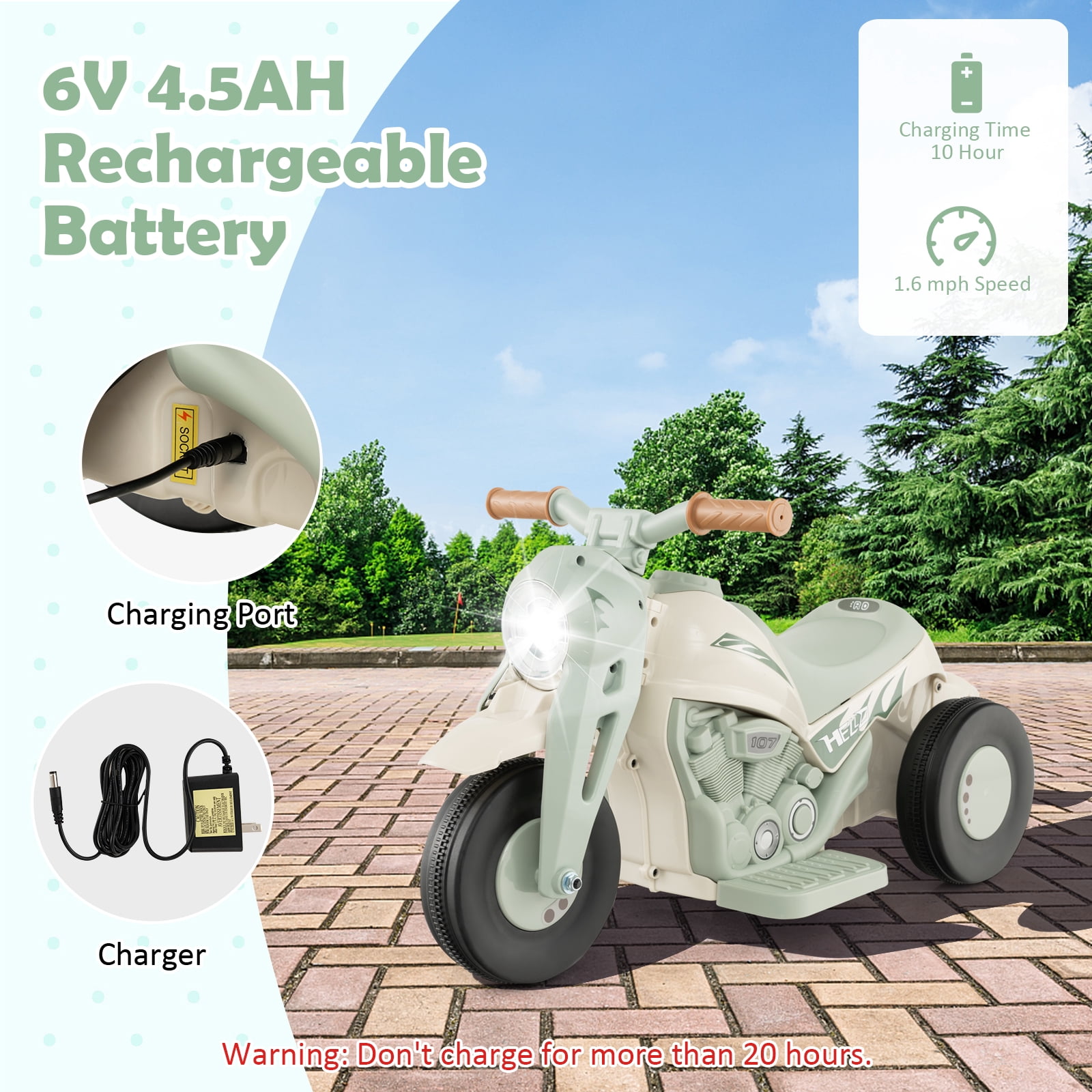 Costway 6V Kids Bubble Car Electric Ride on Motorcycle with Music Button & LED Headlight Beige