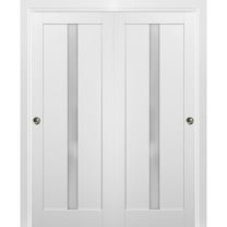 Sliding Closet Bypass Doors 64 x 80 with hardware | Quadro 4112 White Silk with Frosted Opaque Glass | Sturdy Top Mount Rails Moldings Trims Set | Kitchen Lite Wooden Solid Bedroom Wardrobe Doors