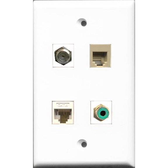 RiteAV 1 Port RCA Green and 1 Port Coax Cable TV- F-Type and 1 Port Phone RJ11 RJ12 Beige and 1 Port Cat6 Ethernet White Wall Plate