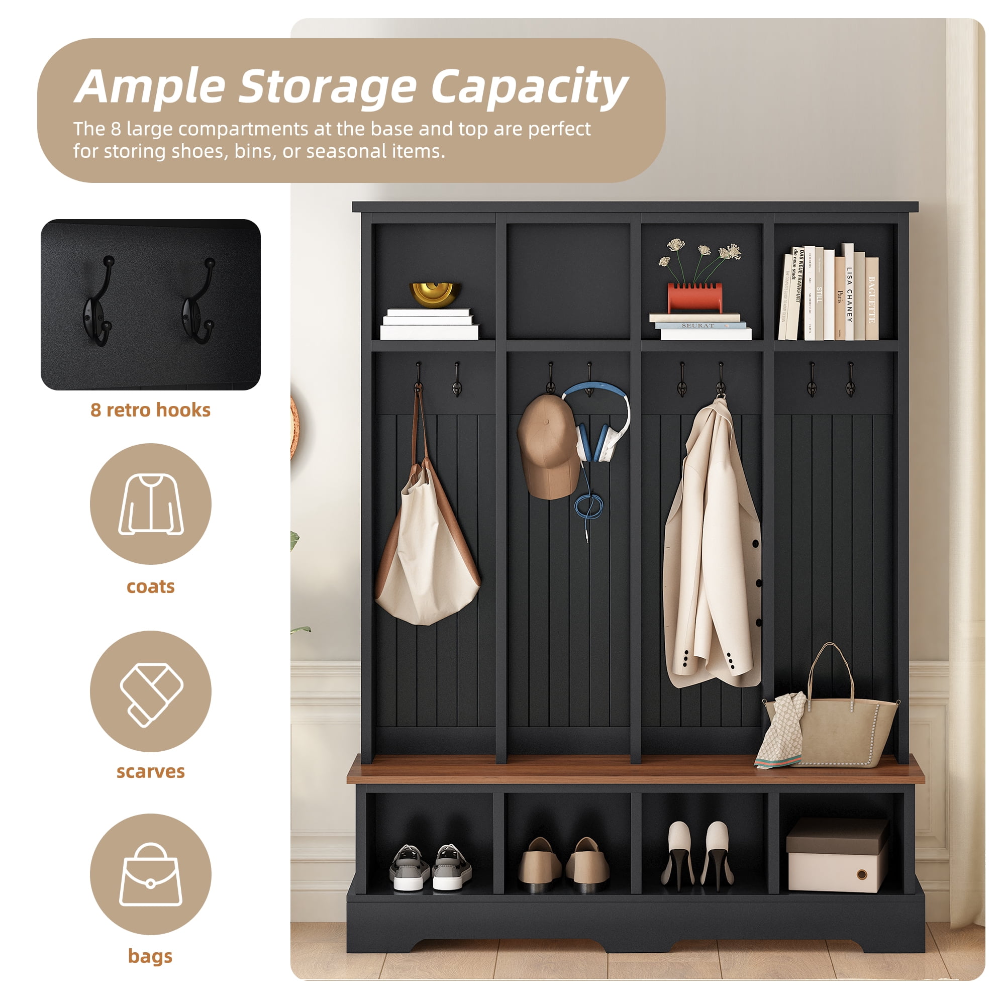 Euroco Farmhouse 59"W Wide Hall Tree with 8 Hooks, Practical Entryway Bench with Open Compartments, 76.7"H Modern 3-in-1 Wooden Style Coat and Shoe Rack for Mudroom, Living Room, Black