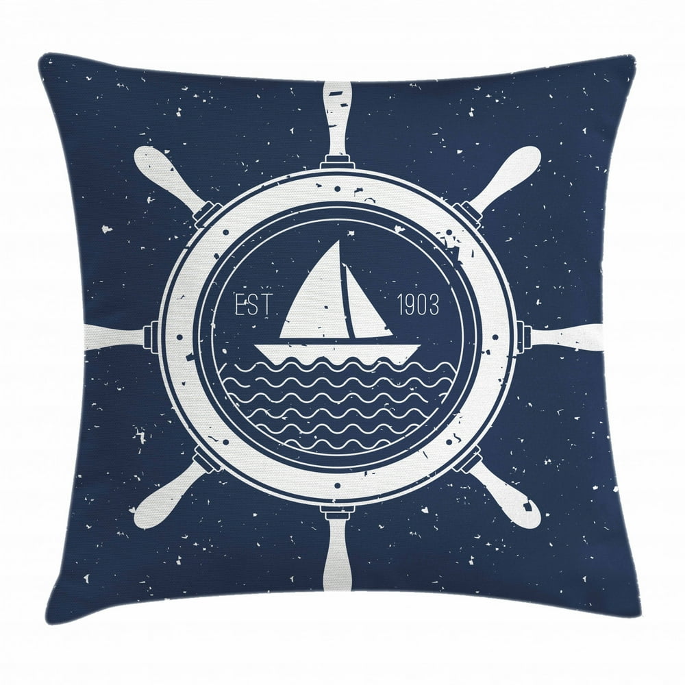 Vintage Boat Throw Pillow Cushion Cover, Nautical Steering Wheel Grunge Textured Marine Sailing