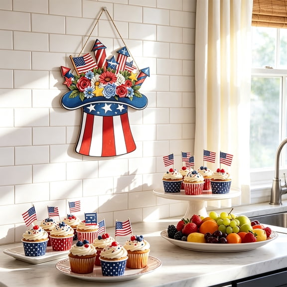 Wooowa Independence Day Patriotic Hat Wreath Wall Hanging Decor Ideal for 4th of July Decorations Patriotic Decor Suitable for Home Holiday Living Room Porch Festival Decor