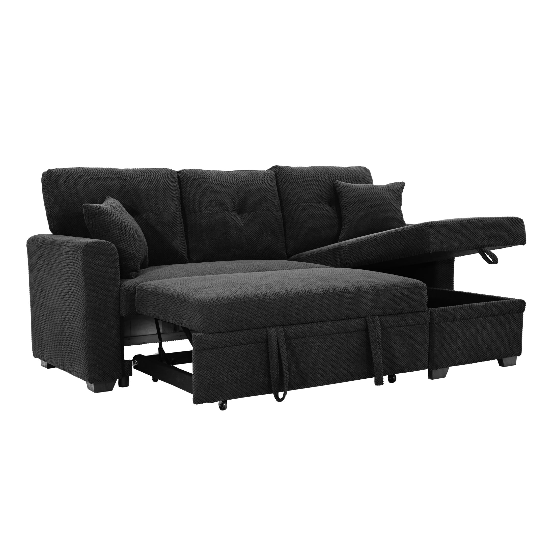 Noble House Sleeper Sectional Sofa with Pull-Out Bed, Reversible Storage Chaise, Black