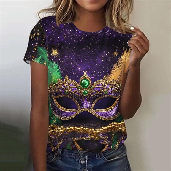 Cadancy Womens Mardi Gras Shirt Short Sleeve Holiday Funny Graphic Crewneck Pullover Tee Shirts Trendy Casual Rave Party Carnival Outfits Loose Fit Blouse