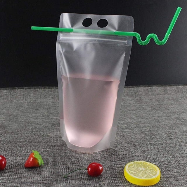 Paquete de 15 bolsas para bebidas con pajita, bolsa reutilizable con cremallera para bebidas, bolsa de vinilo desechable para doblar, bolsa de almacenamiento para bebidas DIY sellada oso de fresa Electrónica