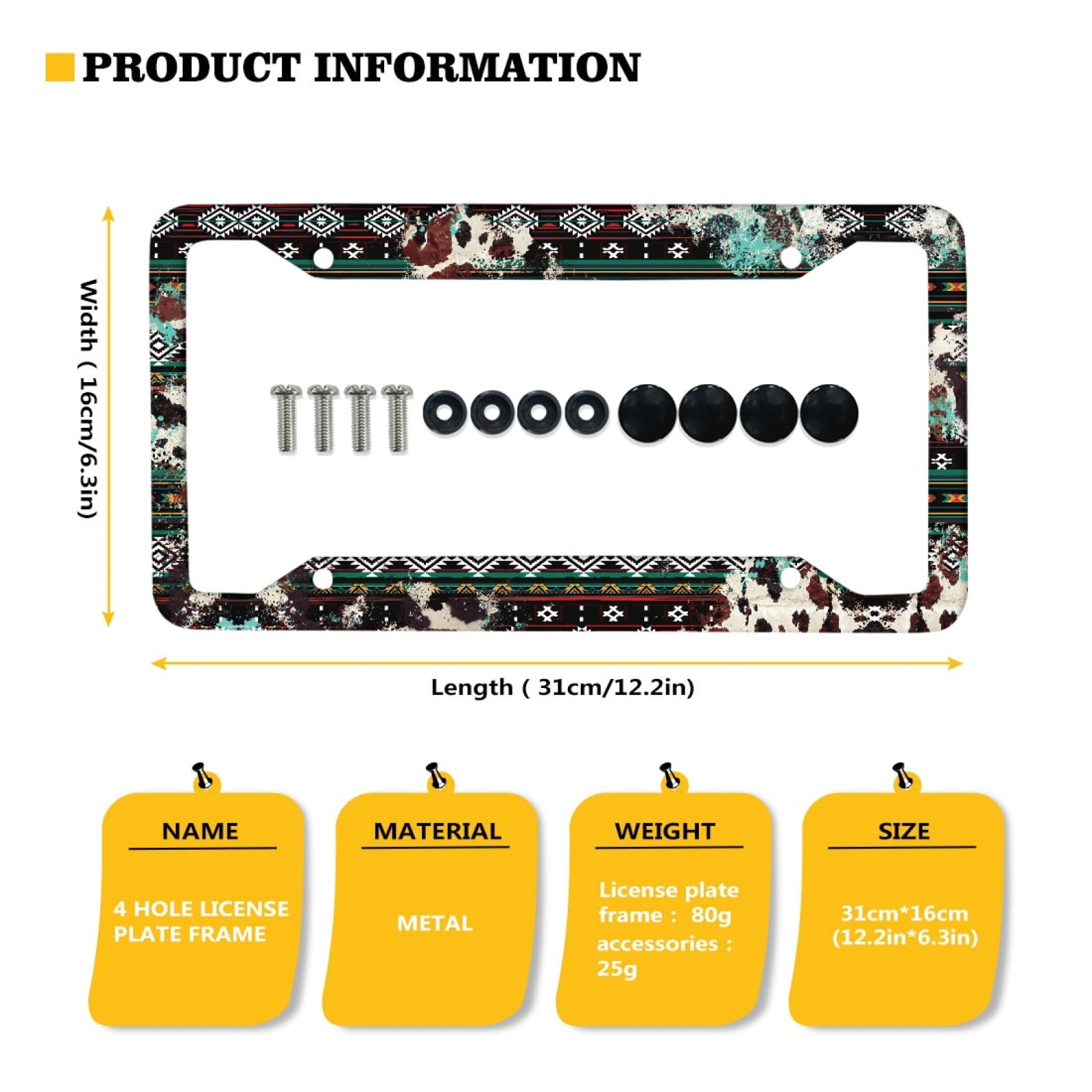 Renewold American Tribal Style Cow Print Metal Automotive License Plate Frames Novelty Vanity Tag Car Accessories Decor for Men Women, Set of 2