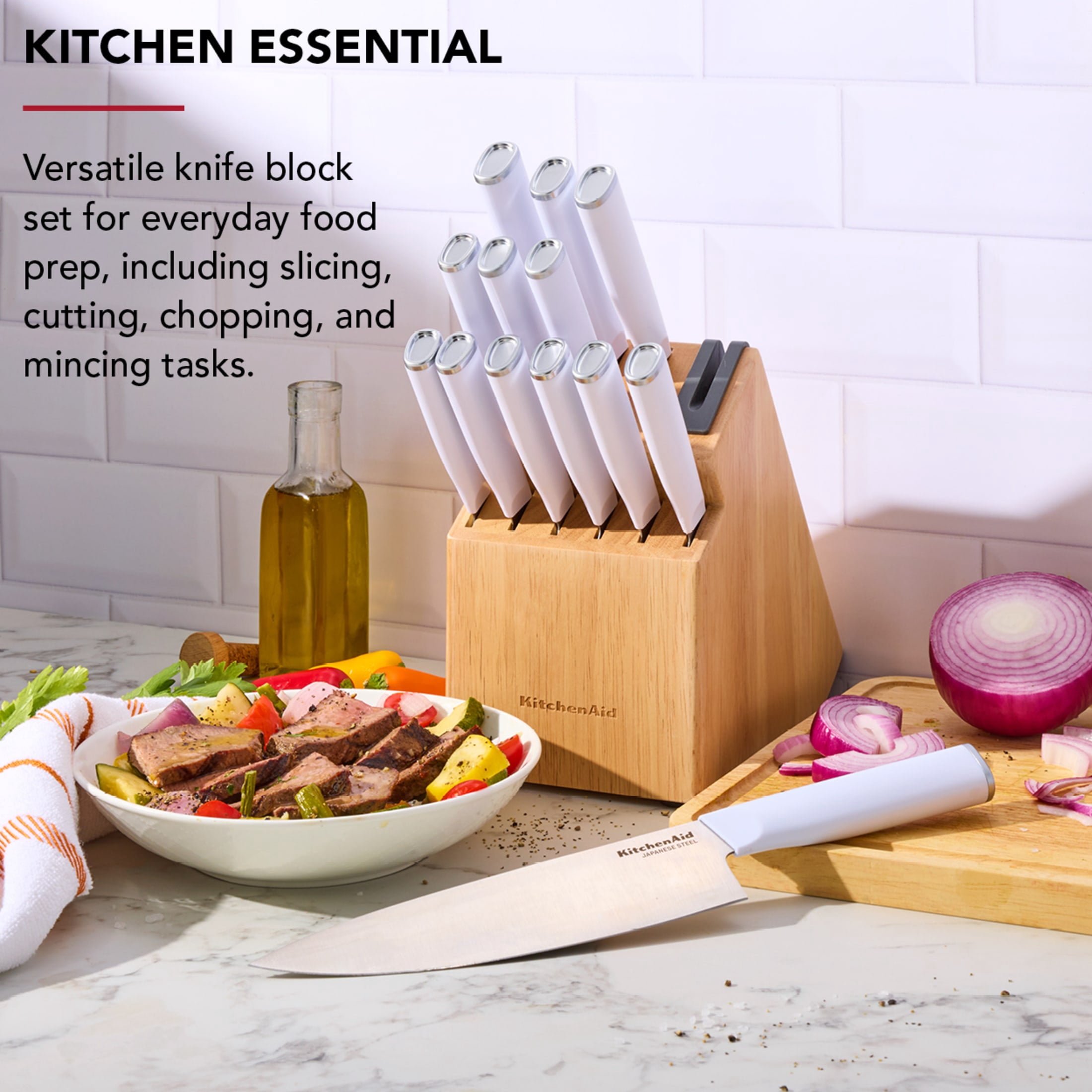 KitchenAid 14 Piece Knife Block Set with Built in Sharpener, White
