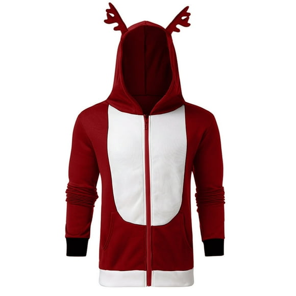 Hoodies For Men Men's Velvet Christmas Antlers Hooded Color Block Sweater Jacket Red L JE