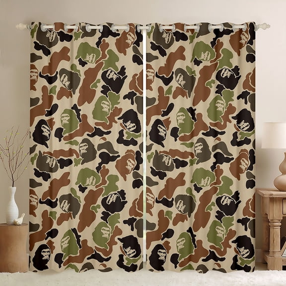 Feelyou Retro Camouflage Camo Black Out Curtains, Rustic Gorilla Wildlife Curtains Pack of 2 (42x63 Each), Green Abstract Bedroom Curtains, Black Out Curtains Decor