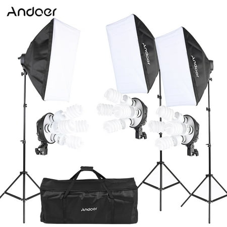 Andoer Photography Studio Portrait Product Light Lighting Tent Kit Photo Equipment (12 * 45W Bulb + 3 * 4in1 Bulb Socket + 3 * Softbox + 3 * Light Stand + 1 * Carrying