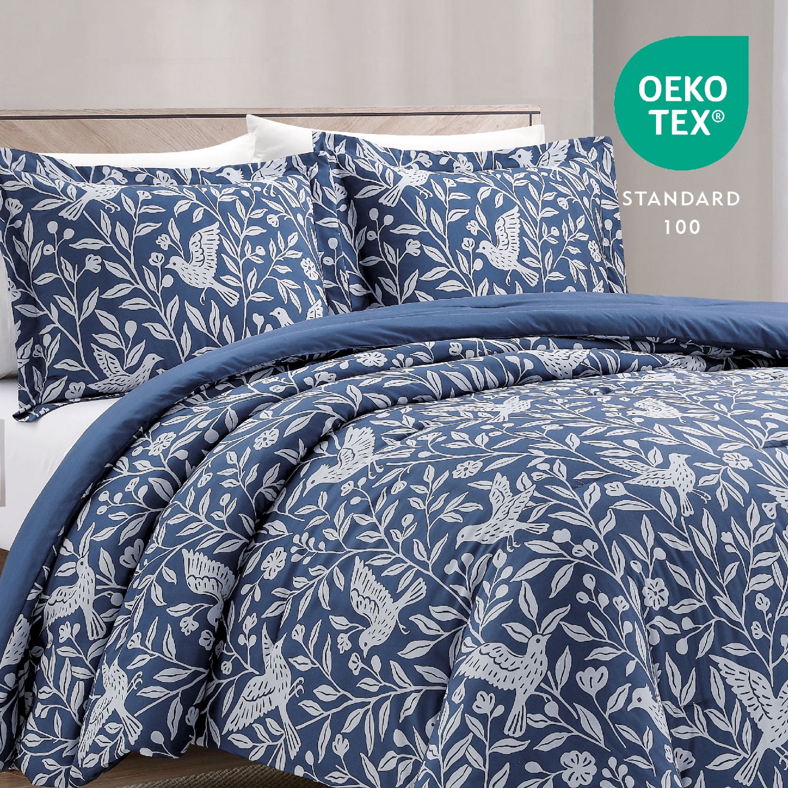 Notticasa 3-Piece Printed Comforter Sets,Navy,Queen,Features a Floral and Peacebird Design, Including a Quilt Cover and Pillowcases