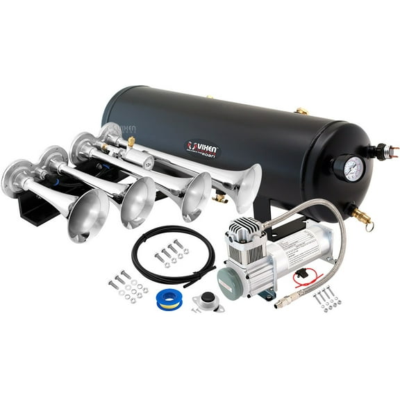 Vixen Horns Train Horn Kit for Trucks/Car/Semi. Complete Onboard System- 200psi Air Compressor, 3 Gallon Tank, 4 Trumpets. Super Loud dB. Fits Vehicles like Pickup/Jeep/RV/SUV 12v VXO8330/4124C