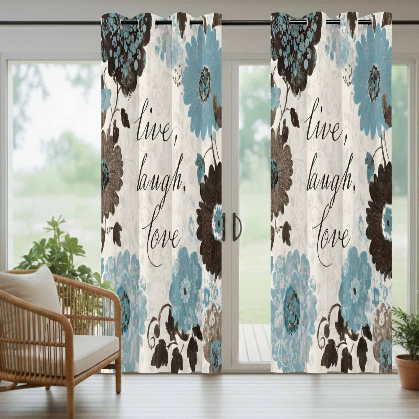 Blue Brown Flower Outdoor Curtains for Patio, Laugh Love Live Plant Farmhouse Sunshade Privacy Drapes Grommet Waterproof Outside Curtains for Porch/Cabana/Balcony 54"x 108", 1 Panel