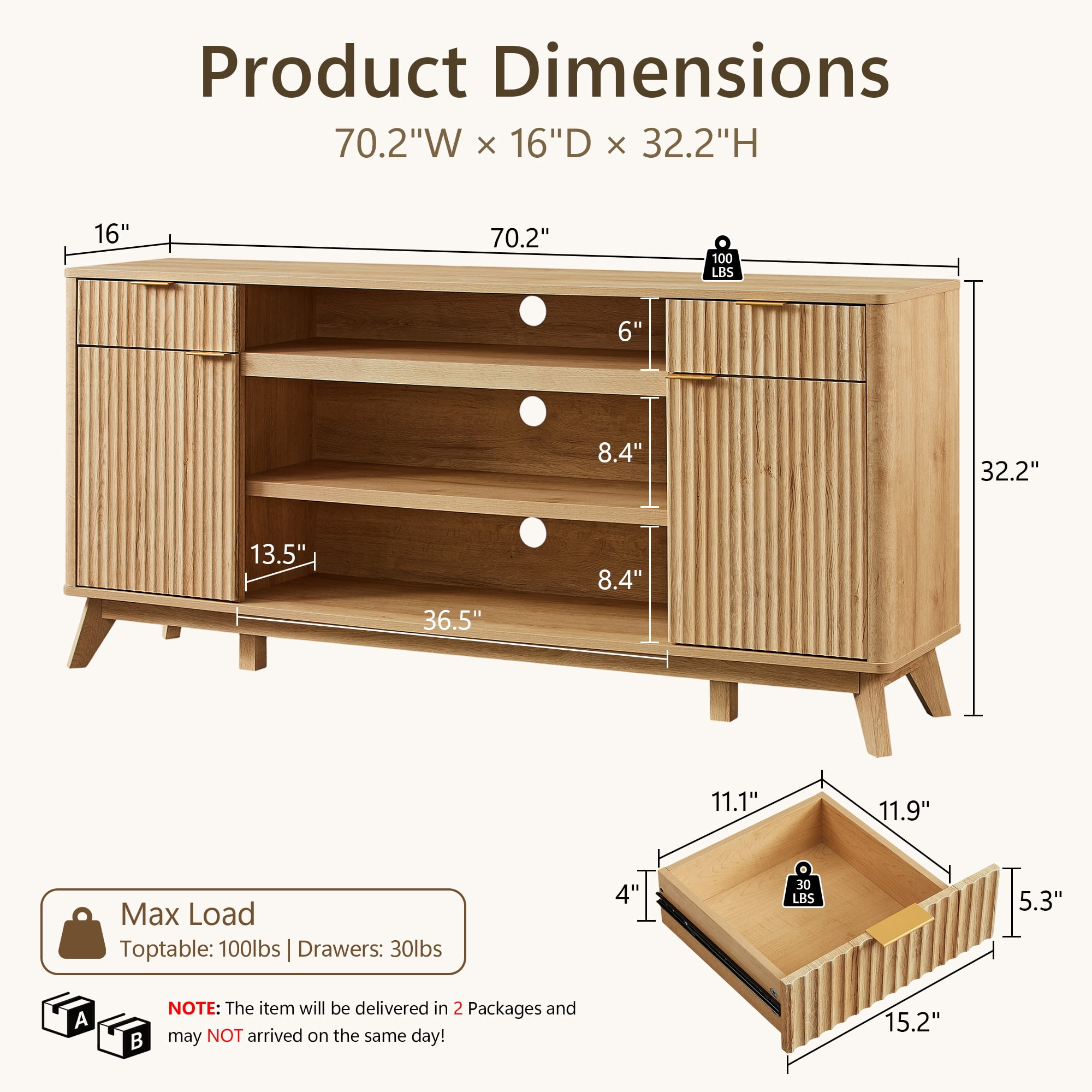 KeyWhat 70" Mid-Century Modern TV Stand for 75" TV, Fluted Doors, Drawers & Adjustable Shelves