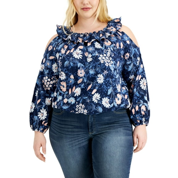 INC International Concepts Plus Size Floral Print Ruffled Cold Shoulder Top Kartika Floral 2X