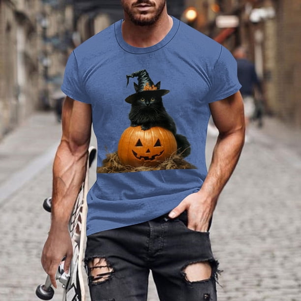 Blusas y camisas de manga corta y cuello redondo para hombre. Blusas/camisetas de manga corta con cuello redondo y estampado de Halloween para hombre. Blusa para hombre.