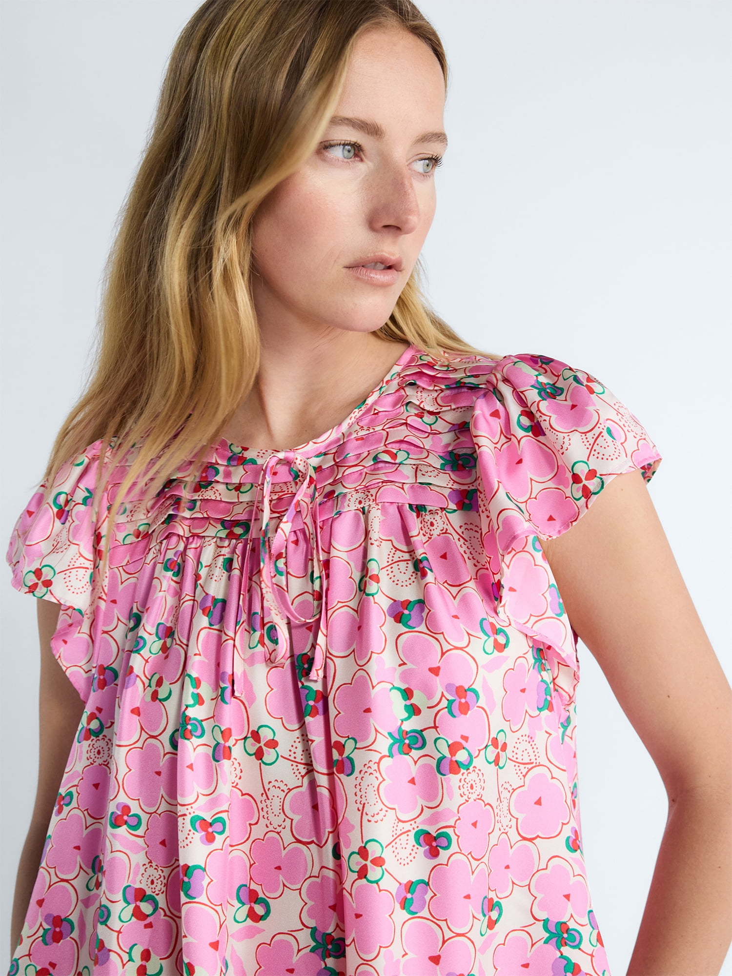 Free Assembly Women's and Women's Plus Pleated Silk Mini Dress with Flutter Sleeves, Sizes XS-4X