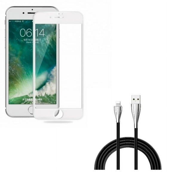 iPhone 8/7/6S/6 - Charger Cord 10ft USB Cable w Ceramics Screen Protector - Power Wire Long Sync Fast Charge, Matte White 3D Curved Edge Full Cover Anti Glare for iPhone 8/7/6S/6