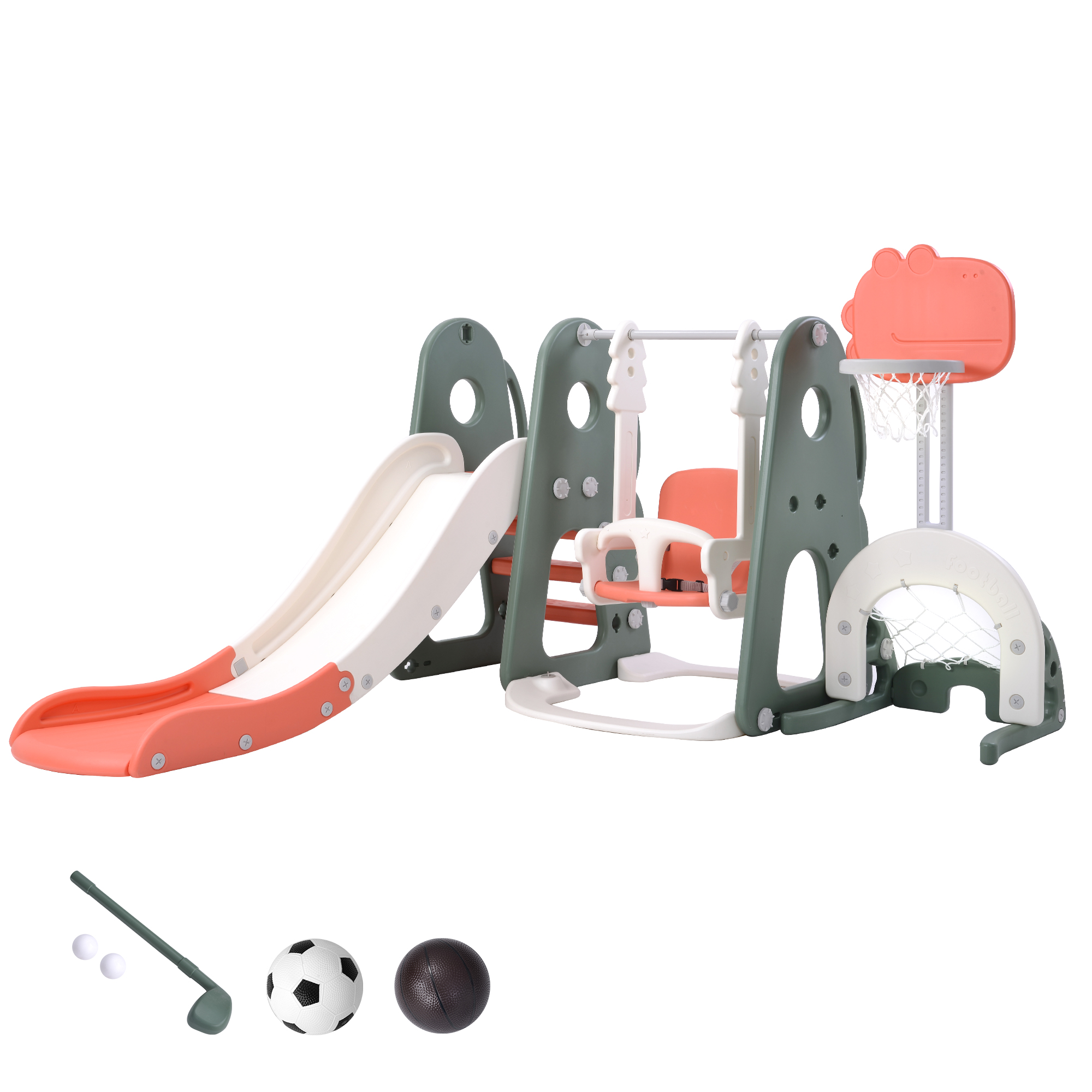 EUROCO 6 in 1 Toddle and Swing Set with Adjustable Swing and Slide Height, Rocket Swing Set with Basketball Stand
