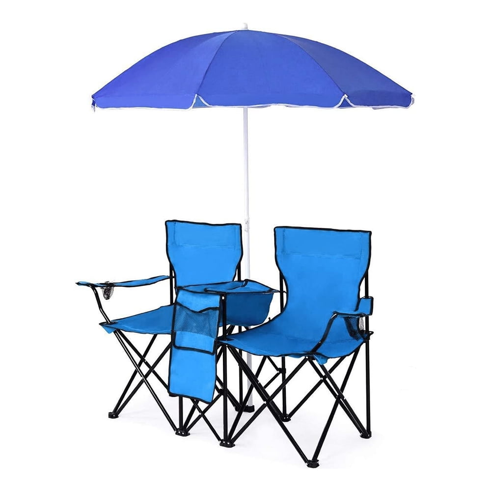 kibhous Outdoor Folding Double Camping Chair, Blue, with Umbrella