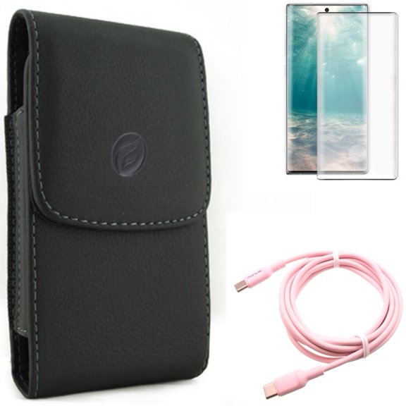 Case Belt Clip & Screen Protector & Pink 10ft Long Cable for Samsung Galaxy Note 20 (6.7") - Combo with Leather Holster & Tempered Glass (Fingerprint Unlock) & USB-C to Type-C PD Fast Charger