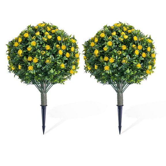 Danolapsi 23.6" Artificial Topiary Flower with Ground Spike Set of 2,Artificial Topiary Ball Trees with Rose Flowers, PE Fake Plants with Metal Stakes for Indoor and Outdoor Decor