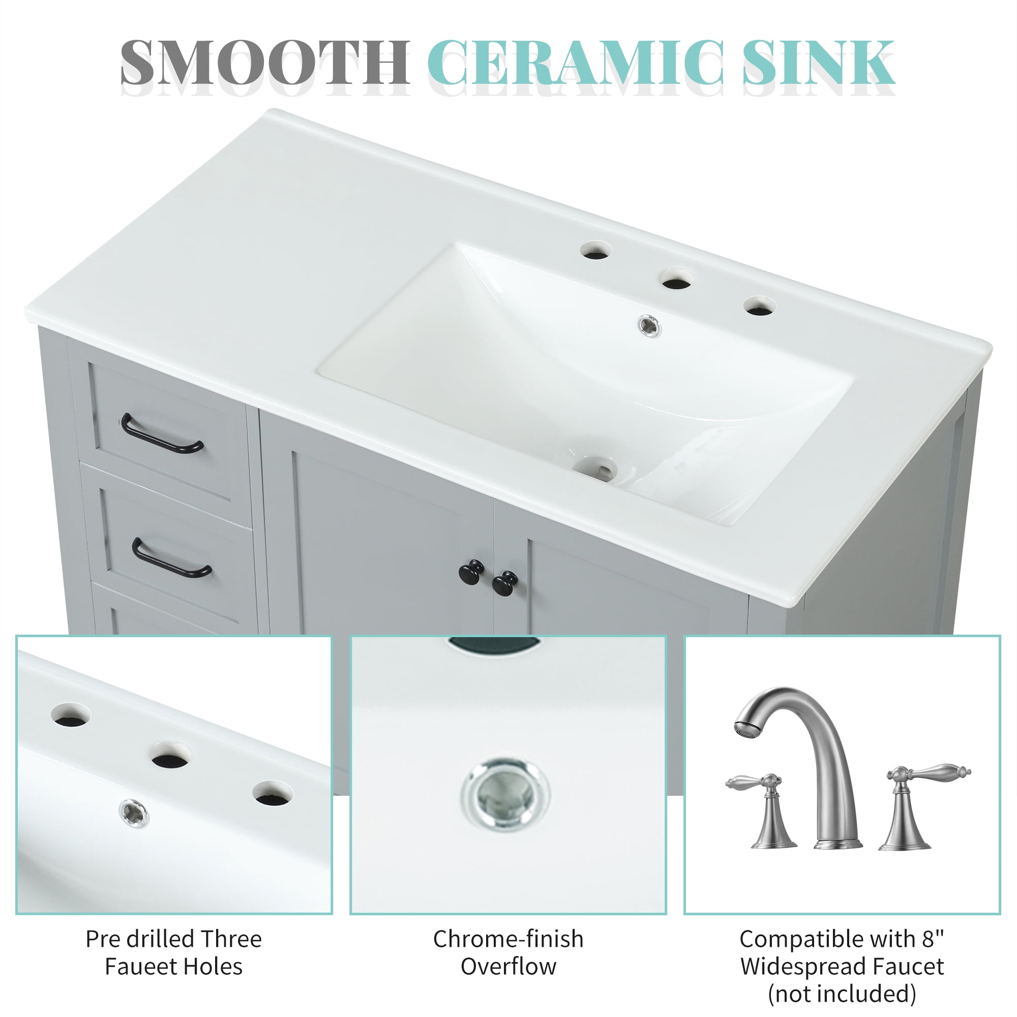 Euroco Modern Bathroom Vanity Cabinet with Right-Side Ceramic Sink, 2 Drawers & 2-Door Storage, Solid Wood & MDF, 8" Faucet Compatible