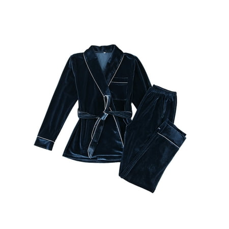 

Capreze Ladies Nightgowns Lapel Robe Lace Up Pajamas Set Lightweight Sleepwear Long Sleeve Nightwear Light Blue S