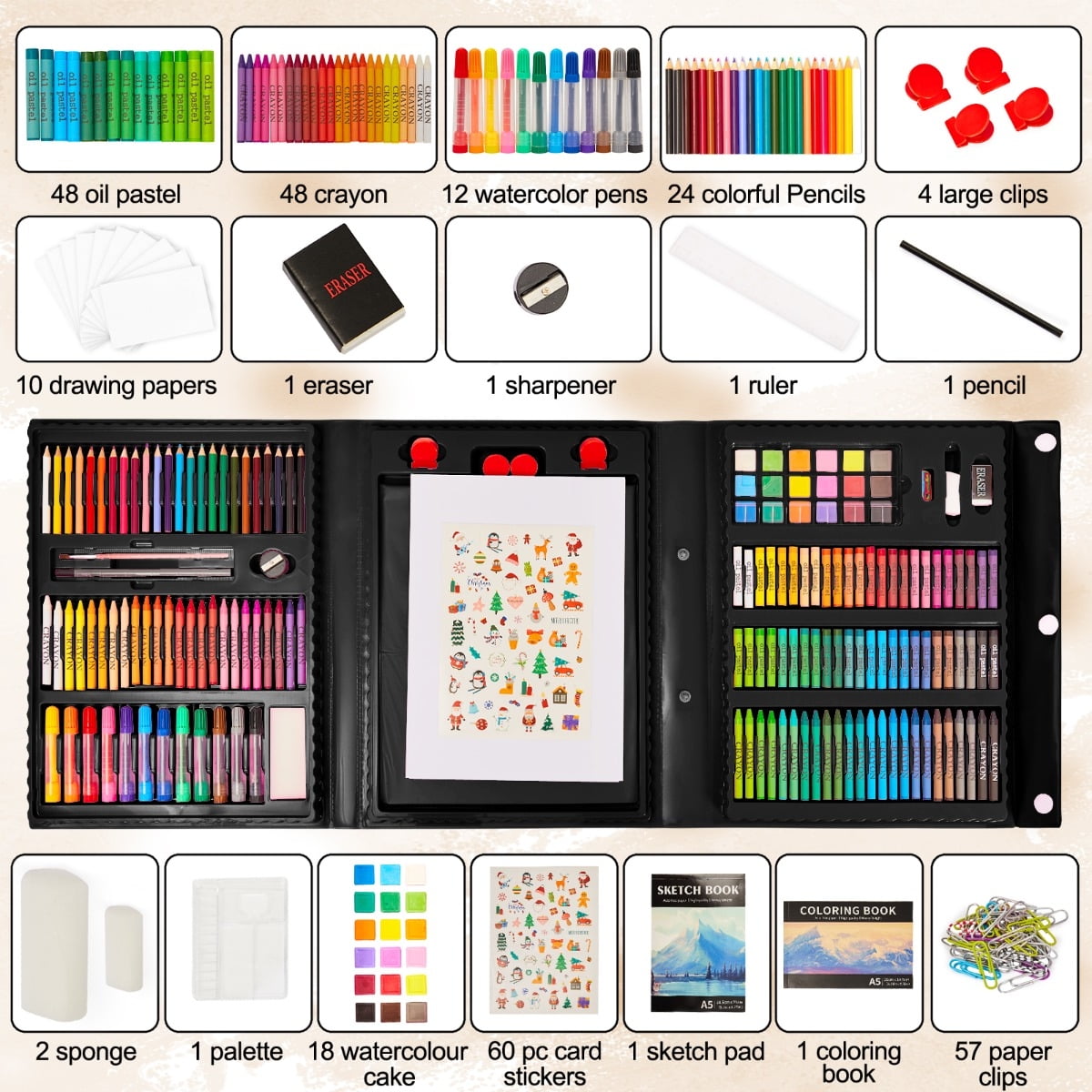 KINSPORY 290 Pack Drawing Coloring Art Set with Double-Side Trifold Art Easel, Creative Supplies Gift for Artists Beginners Kids Boys Girls (Black)