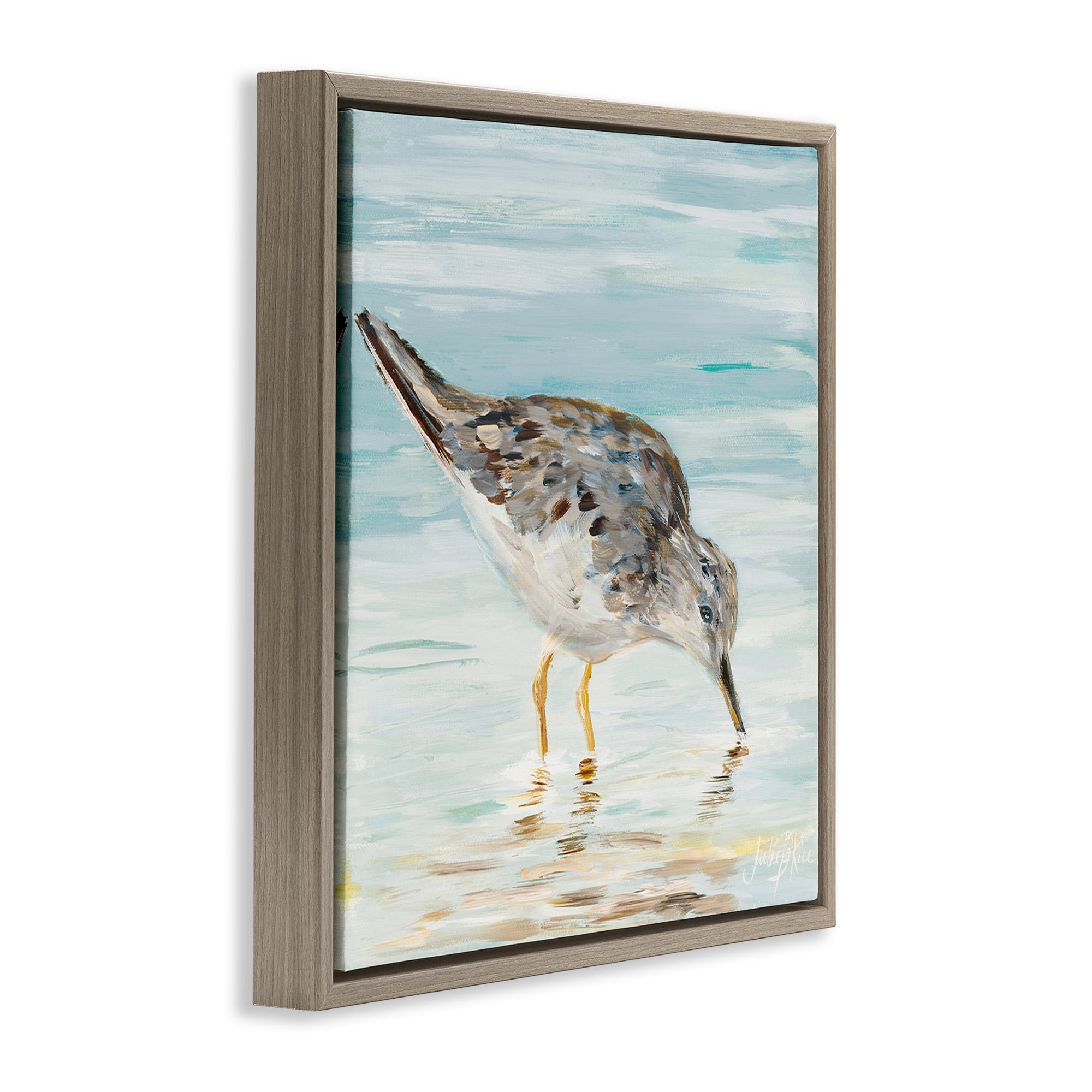 Stupell Industries Sandpiper on Shallow Beach Coast Animals & Insects Painting Brown Floater Framed Canvas Art Print Wall Art, 18 x 18