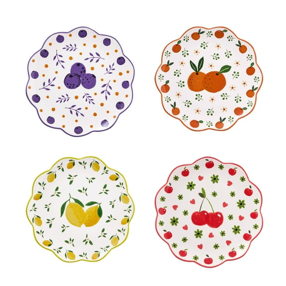 Bico Cartoon Fruit Pop Scalloped Ceramic Salad Plates, Set of 4, Microwave & Dishwasher Safe, Assorted Colors