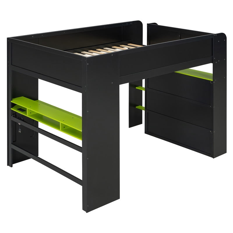 Full Size Wood Loft Bed with Desk, Wardrobe and Storage, Height Adjustable Gaming Loft Bed with USB Charging Port, RGB LED Light Strip, PC Tower Space and Shelves for Bedroom
