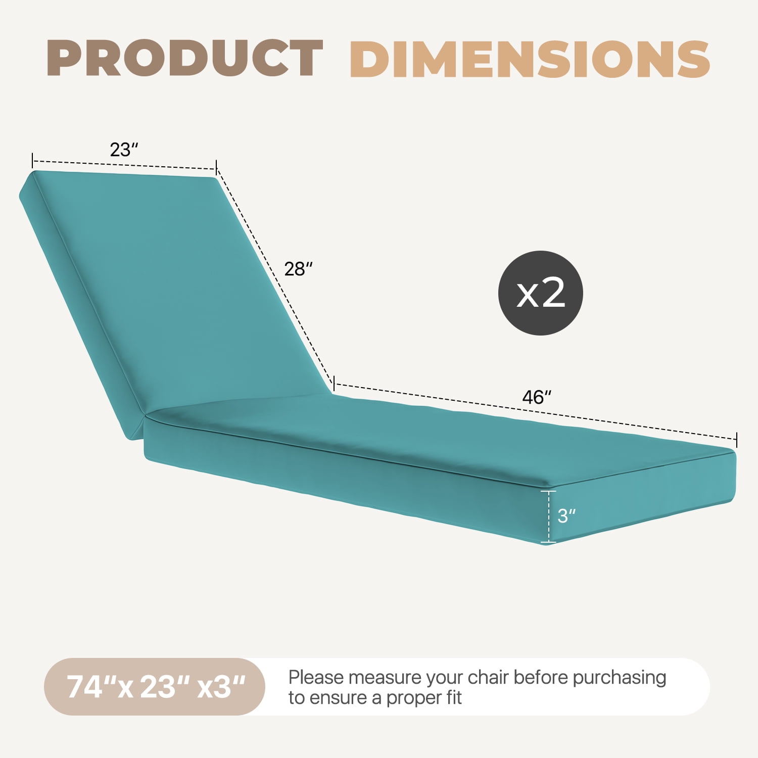 BaPiPro Sky Blue 2-Pack Outdoor Chaise Lounge Cushions, Waterproof Patio Lounge Chair Pad with High-Density Foam, Removable Cover & Secure Ties for Poolside, Garden & Patio