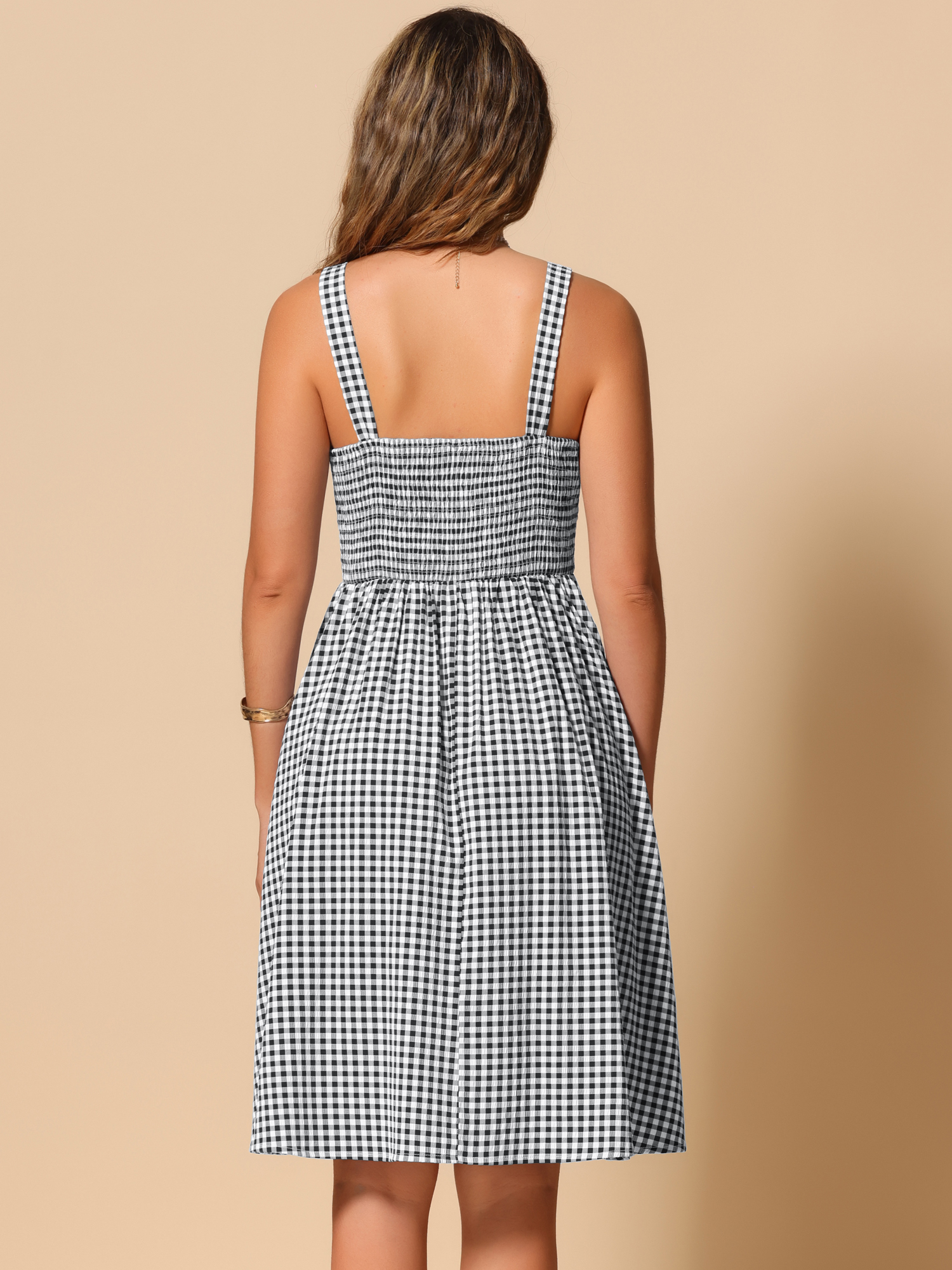 DARING DIVA Sleeveless Plaid Ruched A-Line Flowy Midi Dress M Black