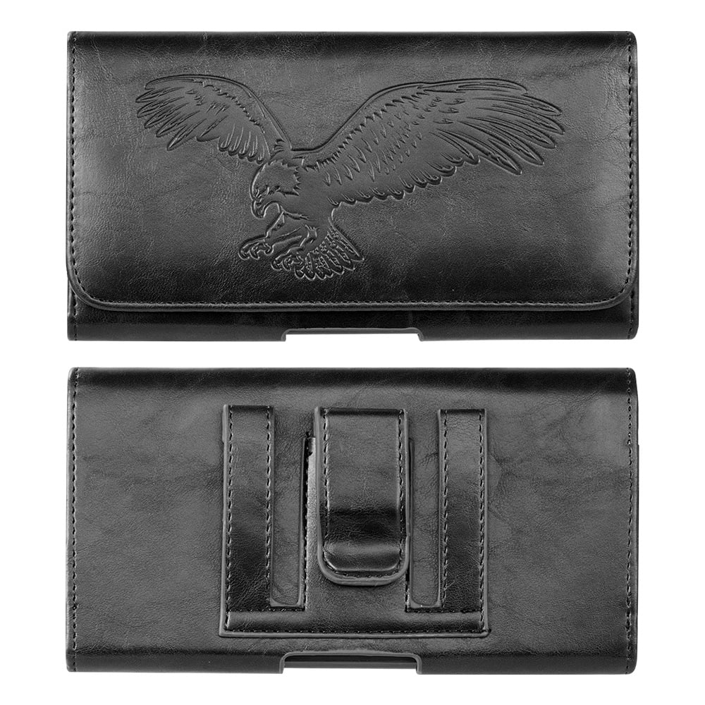 6.5-inch Horizontal Black PU Leather Cell Phone Holster Universal Fit with Belt Clip, Embossed Eagle Design