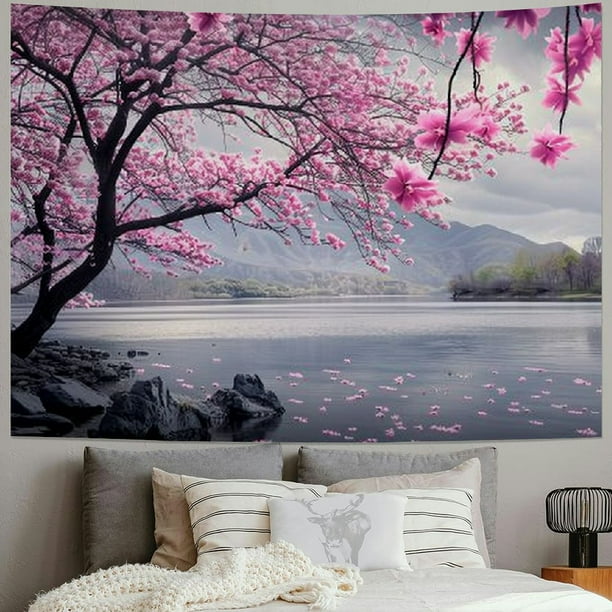 BCIIG Pink Cherry Blossom Lake Mountain Tapestry, Asian Scenic