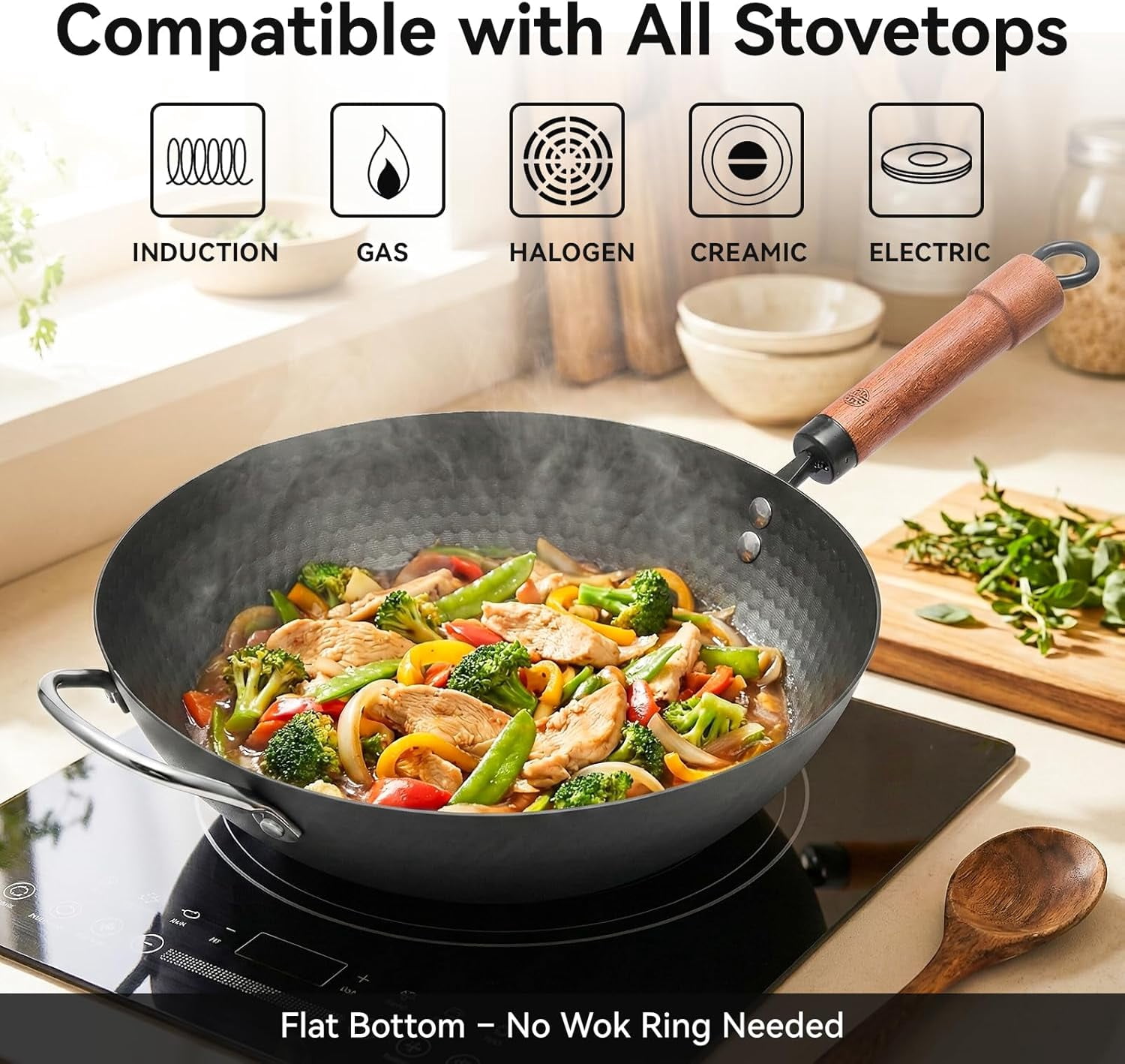 12.6 Inch Flat Bottom Carbon Steel Wok Pan with Lid and Spatula, Heavy Duty Uncoated Iron Stir Fry Cookware for Induction Gas Electric Stovetops