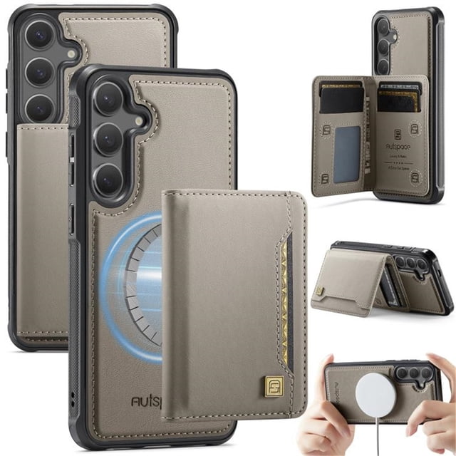 AutSpace Funda para Samsung Galaxy S26+ 5G, Bloqueo RFID, Cuero PU, Compatible con MagSafe, Billetera Desmontable 2 en 1 con Tarjetero, Soporte, Cubierta Protectora Magnética, Gris, para Galaxy S26+